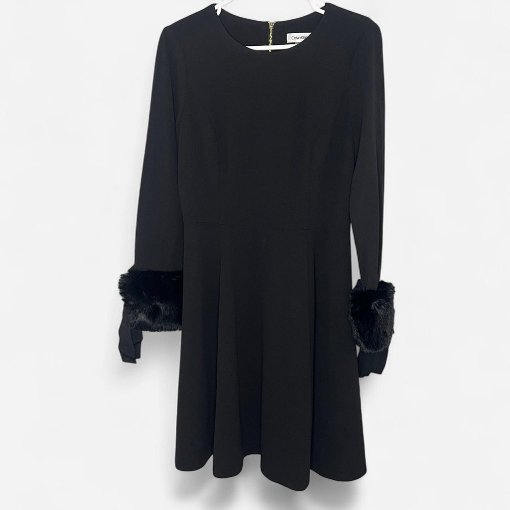Calvin Klein Black Long Sleeve Dress with Faux Fur Cuffs